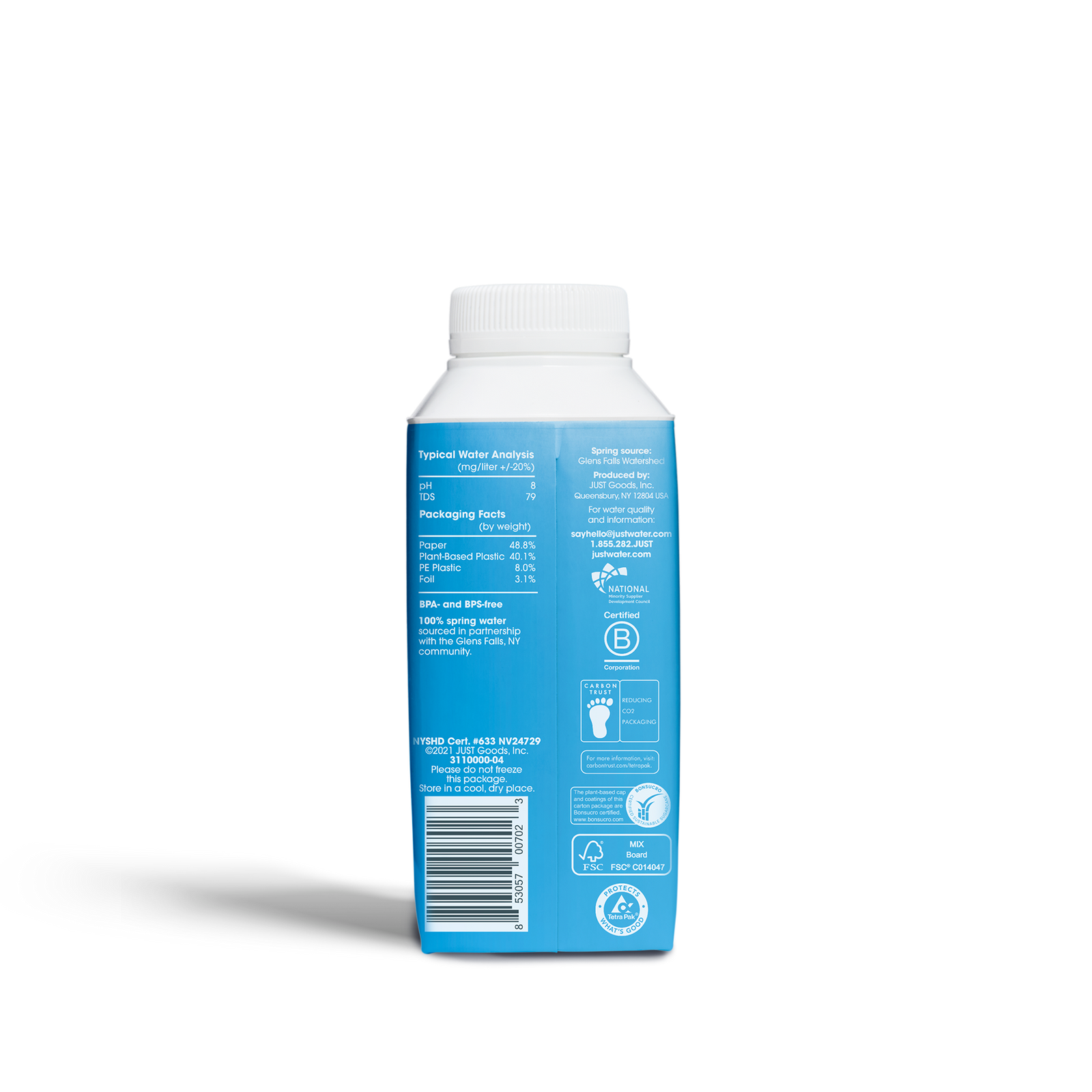 JUST Water - 100% Spring Water, Naturally Alkaline, 8.0 pH - Plant-Based,  BPA Free, Sustainable and Fully Recyclable Boxed Water Bottle -  Eco-Friendly